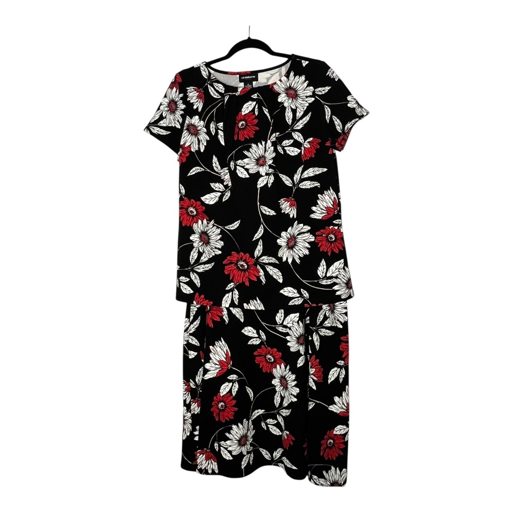 Liz Claiborne Career Womens Black Red Floral Daisy Skirt Set Top 2 Piece Medium